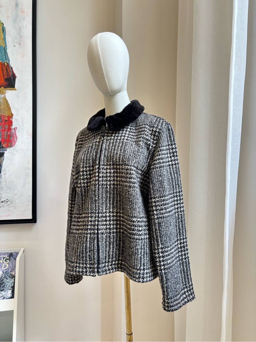 Talbots Black and Gray Plaid Pea Coat with Faux Fur Collar